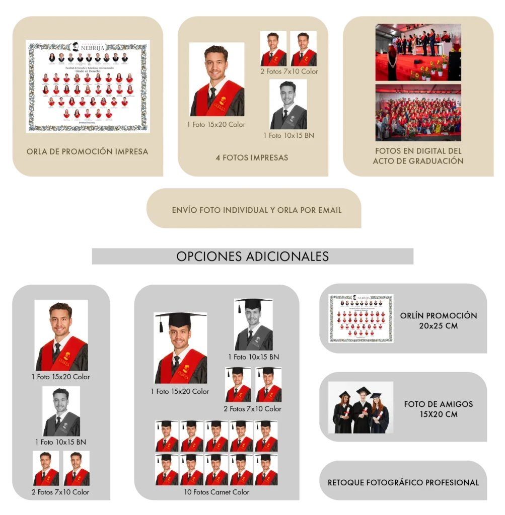 Opciones de orla de promoción, retratos individuales, fotos digitales y complementos de graduación